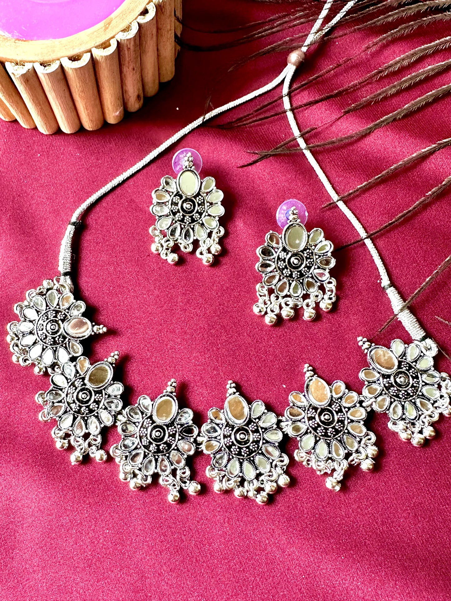 Ayushi -Silver Choker Necklace Set With Earrings