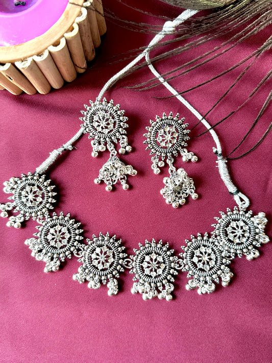 Ayushi III -Silver Choker Necklace Set With Earrings