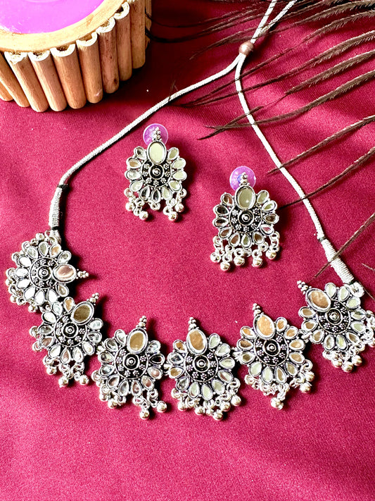 Ayushi -Silver Choker Necklace Set With Earrings