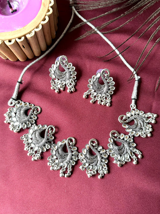 Ayushii -Mayur Silver Choker Necklace Set With Earrings