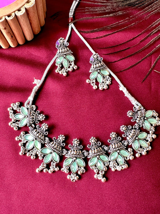 Ayushi IV -Silver Choker Necklace Set With Earrings