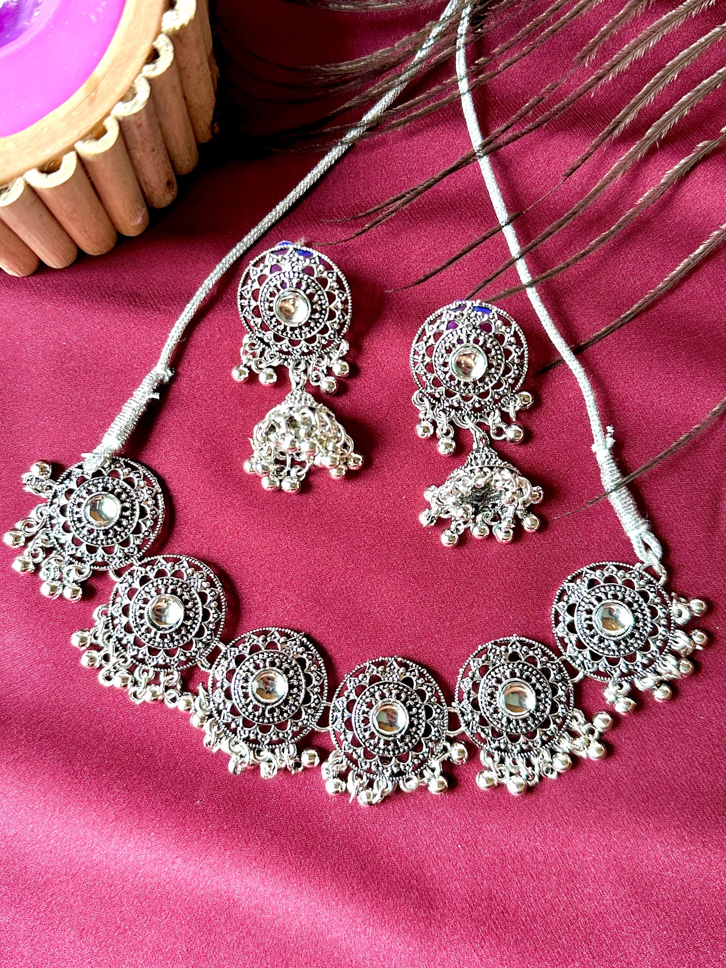 Ayushi II-Silver Choker Necklace Set With Earrings