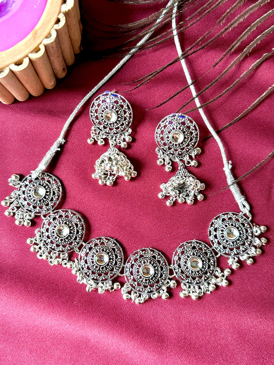Ayushi II-Silver Choker Necklace Set With Earrings